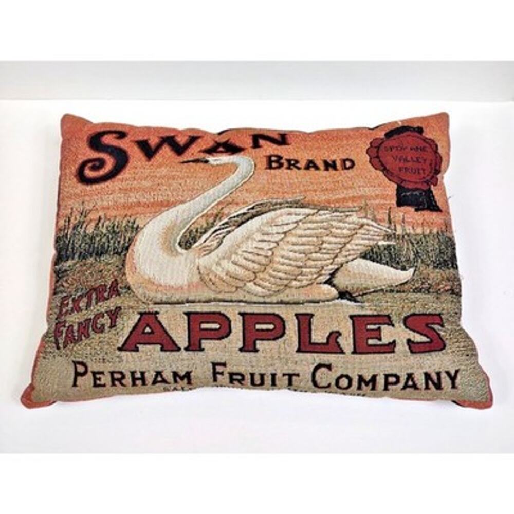 VTG Swan Brand Apples Tapestry Pillow Perham Fruit Co Spokane Farmhouse 16x11"